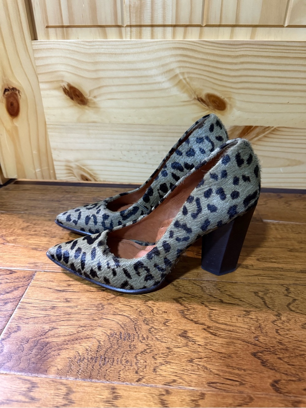 Leopard Print Block Heel Pumps in Tan and Black